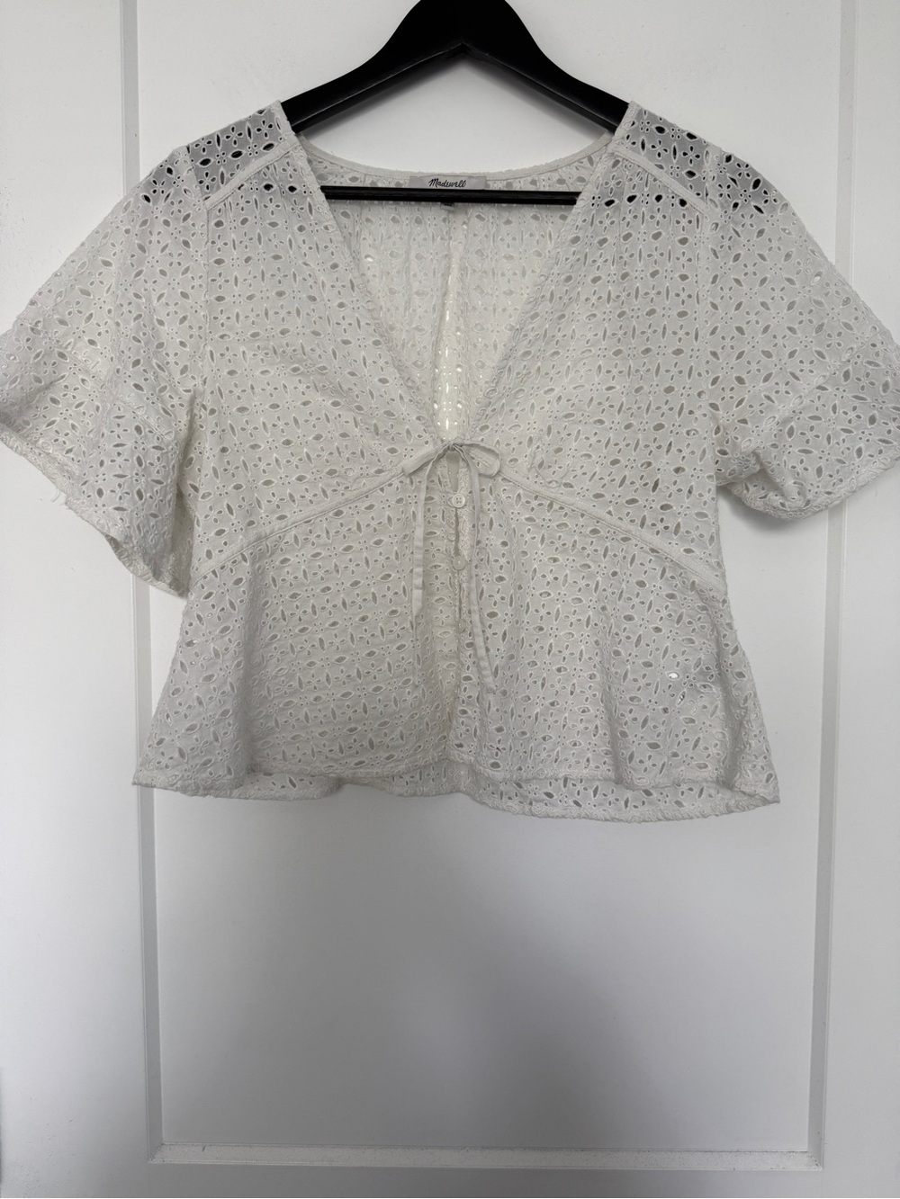Madewell Tie-Front Embroidered Open Eyelet Peplum Top in Soft White - M